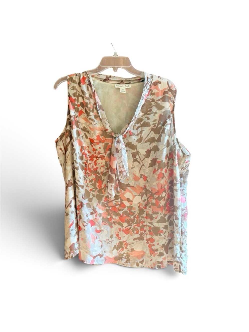 Coldwater Creek Sleeveless Tie-Neck Abstract Tank - Beige & Coral